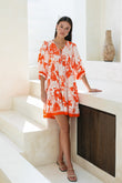 Chiara Orange Tropical Balloon Sleeve Mini Dress