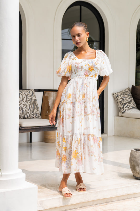 Emmeline Yellow Floral Puff Sleeve Midi Dress