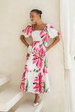 Gracie Pink Floral Puff Sleeve Midi Dress