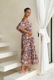 Amarante Navy Peach Floral Boho Puff Sleeve Midi Dress