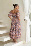 Amarante Navy Peach Floral Boho Puff Sleeve Midi Dress