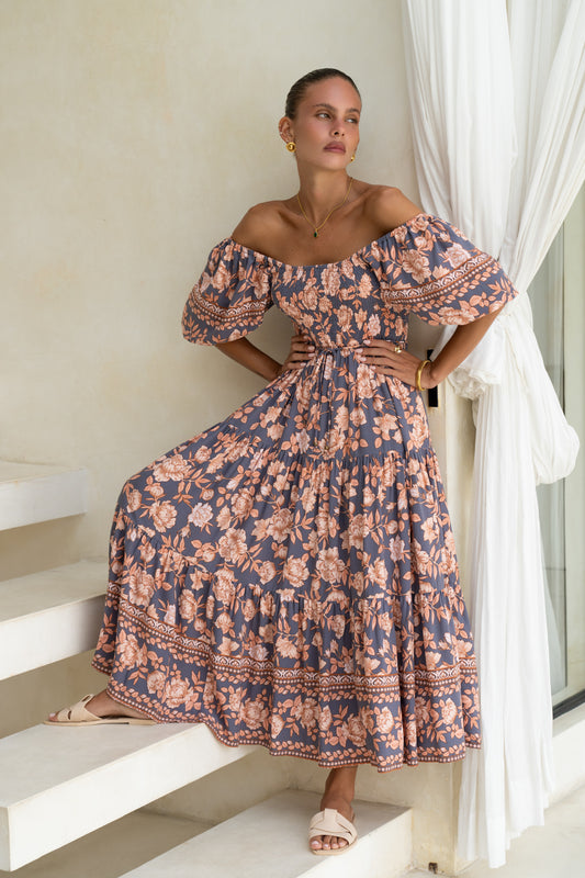 Amarante Navy Peach Floral Boho Puff Sleeve Midi Dress