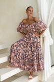 Amarante Navy Peach Floral Boho Puff Sleeve Midi Dress