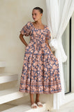 Amarante Navy Peach Floral Boho Puff Sleeve Midi Dress