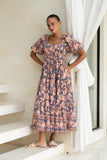 Amarante Navy Peach Floral Boho Puff Sleeve Midi Dress