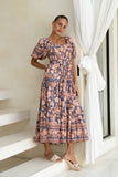 Amarante Navy Peach Floral Boho Puff Sleeve Midi Dress