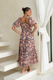 Amarante Navy Peach Floral Boho Puff Sleeve Midi Dress