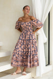 Amarante Navy Peach Floral Boho Puff Sleeve Midi Dress