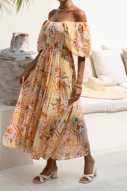 Auriel Orange Floral Puff Sleeve Midi Dress