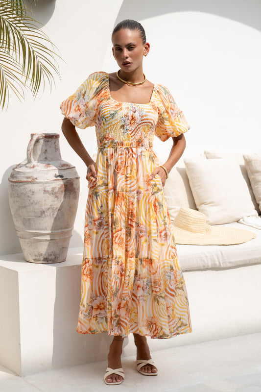 Auriel Orange Floral Puff Sleeve Midi Dress