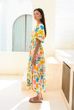 Magnolia Yellow Blue Floral Puff Sleeve Midi Dress