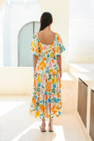 Magnolia Yellow Blue Floral Puff Sleeve Midi Dress