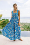 Oliana Blue Tropical Tile Flared Maxi Dress