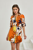 Esmeralda Orange Abstract Belted Mini Dress