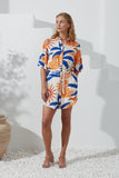 Tropicana Blue Orange Abstract Belted Mini Dress