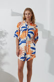 Tropicana Blue Orange Abstract Belted Mini Dress