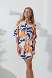 Tropicana Blue Orange Abstract Belted Mini Dress