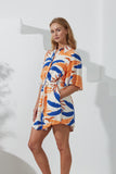 Tropicana Blue Orange Abstract Belted Mini Dress