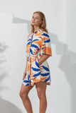 Tropicana Blue Orange Abstract Belted Mini Dress