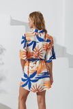 Tropicana Blue Orange Abstract Belted Mini Dress