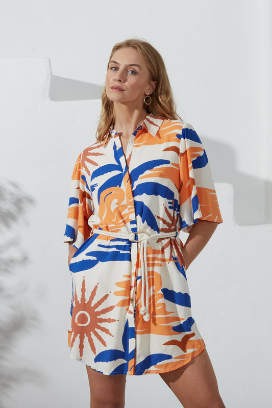 Tropicana Blue Orange Abstract Belted Mini Dress