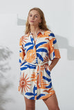 Tropicana Blue Orange Abstract Belted Mini Dress