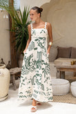 Cali Beige Green Abstract Ric Rac Maxi Dress