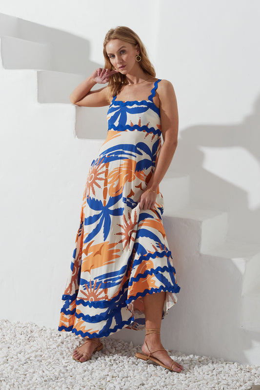Tropicana Blue Orange Abstract Ric Rac Maxi Dress