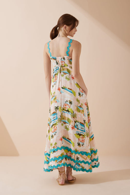 Beach Club Pink Abstract Ric Rac Maxi Dress