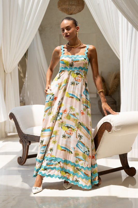 Beach Club Pink Abstract Ric Rac Maxi Dress