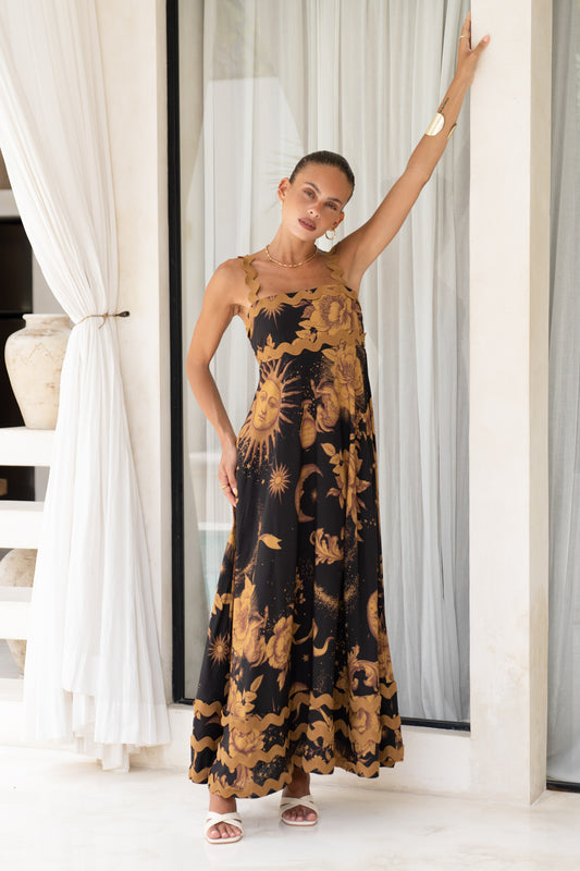 Estella Black Abstract Floral Ric Rac Maxi Dress