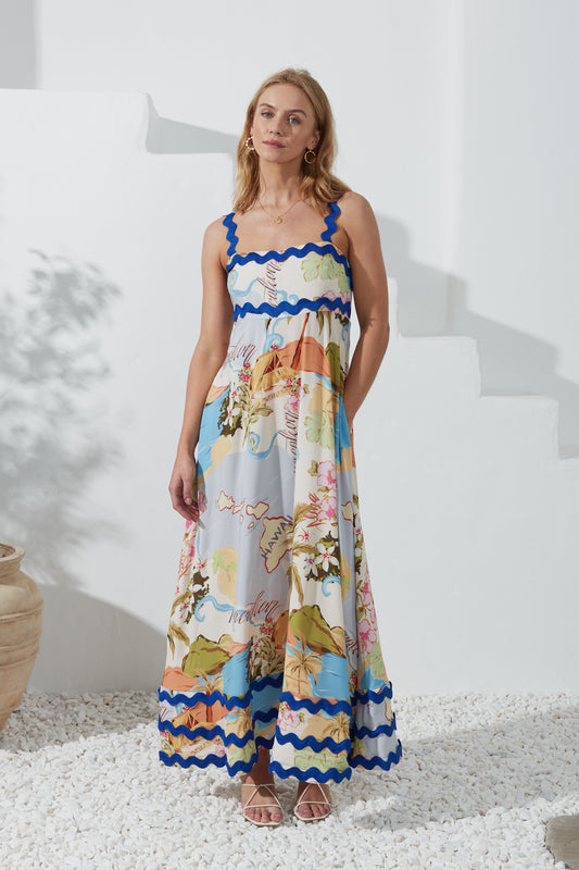 Hawaii Blue Tropical Ric Rac Maxi Dress