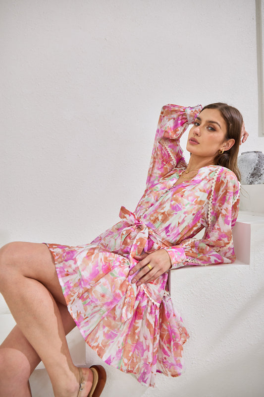 Anthea Pink Floral Long Sleeve Mini Dress