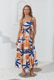 Tropicana Blue Orange Abstract Contrast Maxi Dress