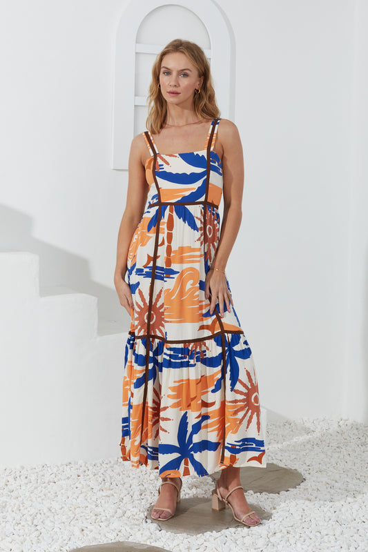 Tropicana Blue Orange Abstract Contrast Maxi Dress