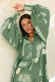 Verda Green Tropical Long Sleeve Midi Dress