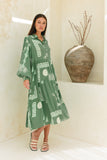 Verda Green Tropical Long Sleeve Midi Dress