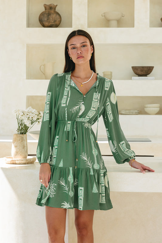 Verda Green Tropical Long Sleeve Mini Dress