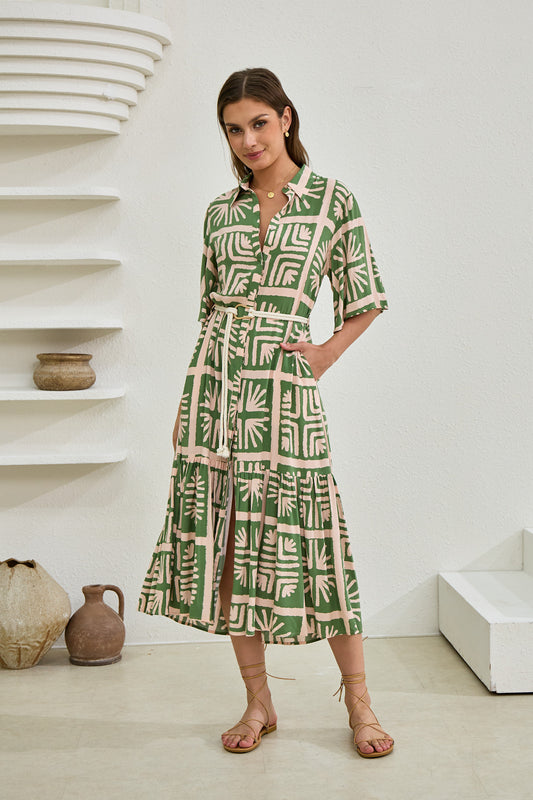 Ardenia Green Abstract Belted Midi Dress