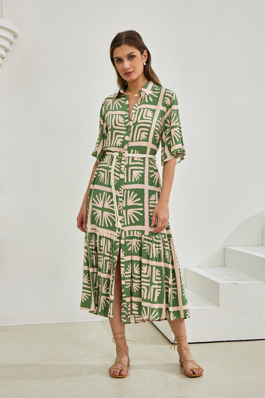 Ardenia Green Abstract Belted Midi Dress
