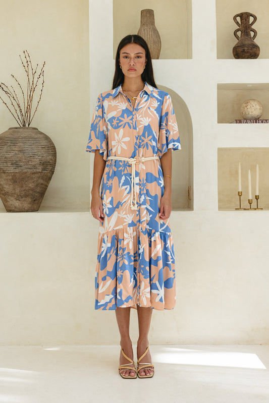 Carys Blue Orange Floral Belted Midi Dress