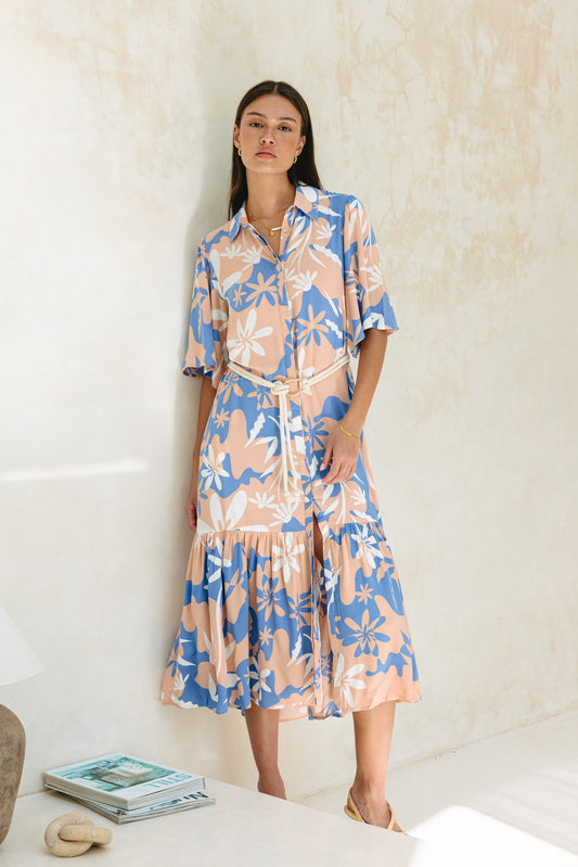 Carys Blue Orange Floral Belted Midi Dress