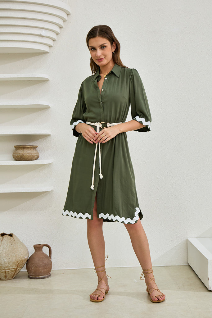 Keller Khaki Green Ric Rac Midi Dress