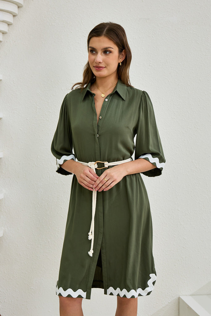 Keller Khaki Green Ric Rac Midi Dress