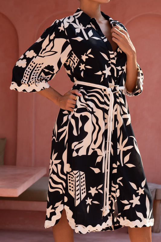 Cali Black Abstract Ric Rac Midi Dress