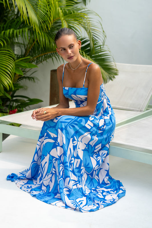 Vale Blue Tropical Flared Maxi Dress