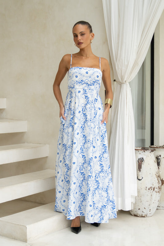 Fiora Blue Floral Flared Maxi Dress