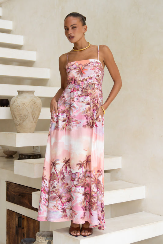 Isla Pink Tropical Flared Maxi Dress