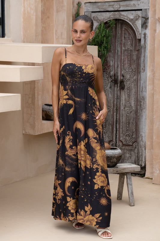 Estella Black Abstract Floral Flared Maxi Dress