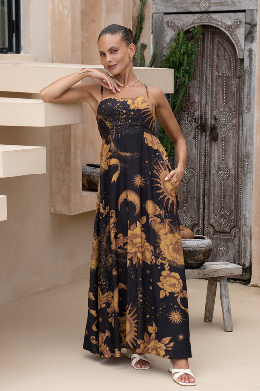 Estella Black Abstract Floral Flared Maxi Dress